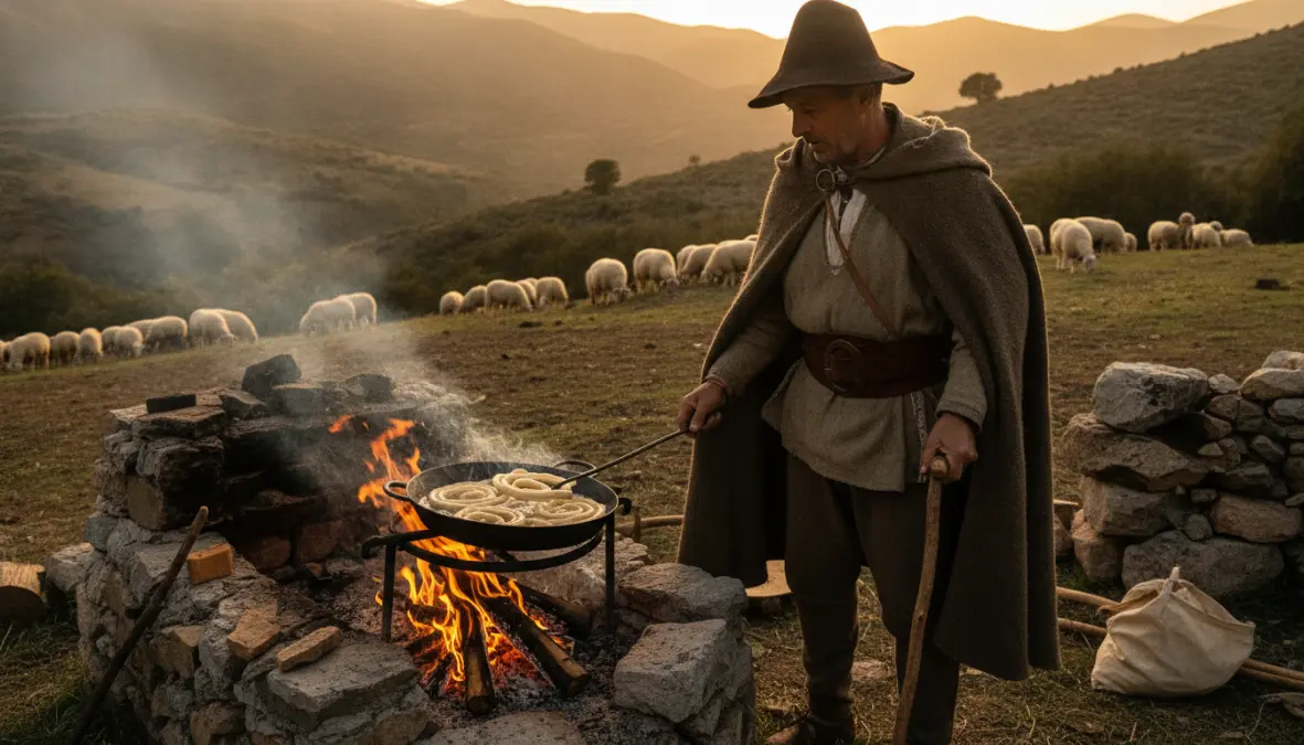 Spanish shepherd preparing traditional churros over fire demonstrating churros shepherd tradition