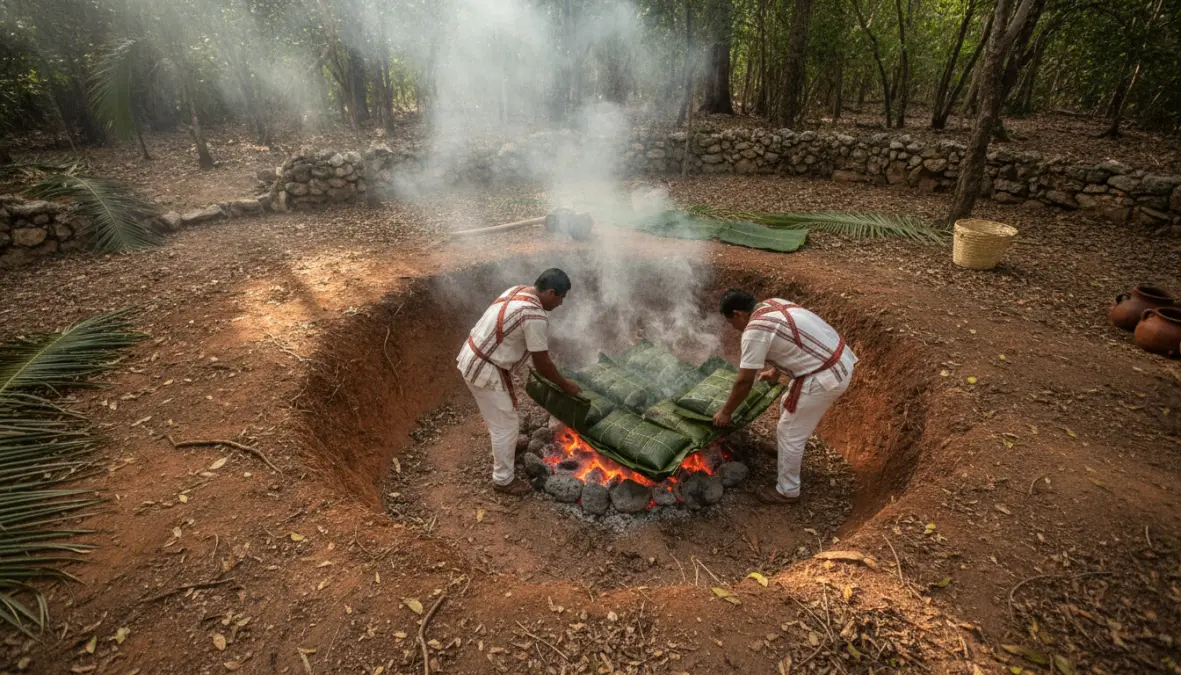 Traditional mayan pit cooking pib underground oven with banana leaf wrapped pork for cochinita pibil