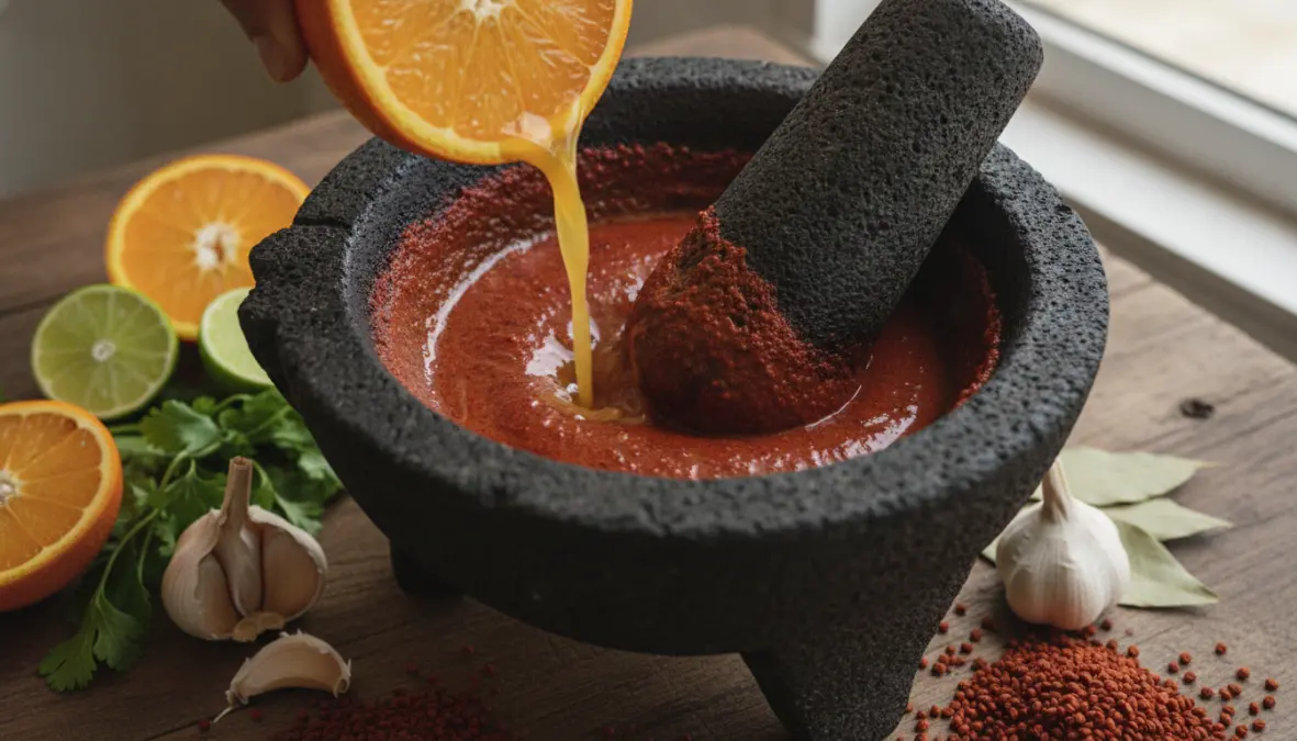 Achiote paste and sour orange marinade essential ingredients for authentic cochinita pibil recipe