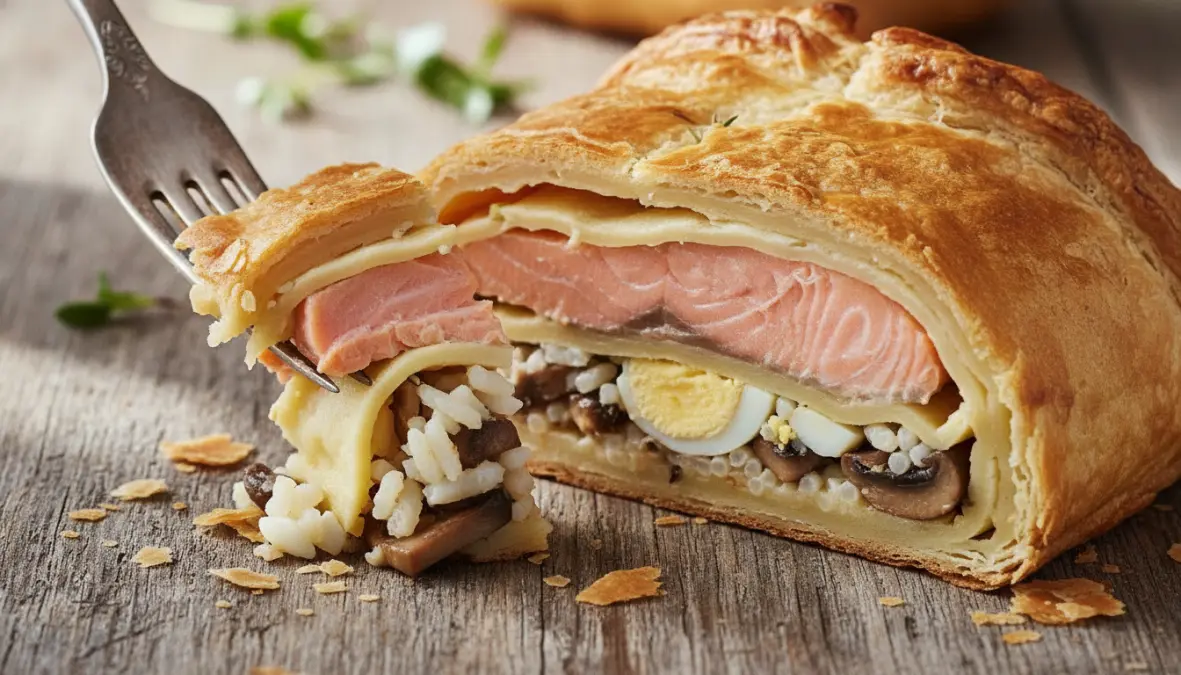 Cross-section of traditional coulibiac recipe showing salmon and layered filling structure