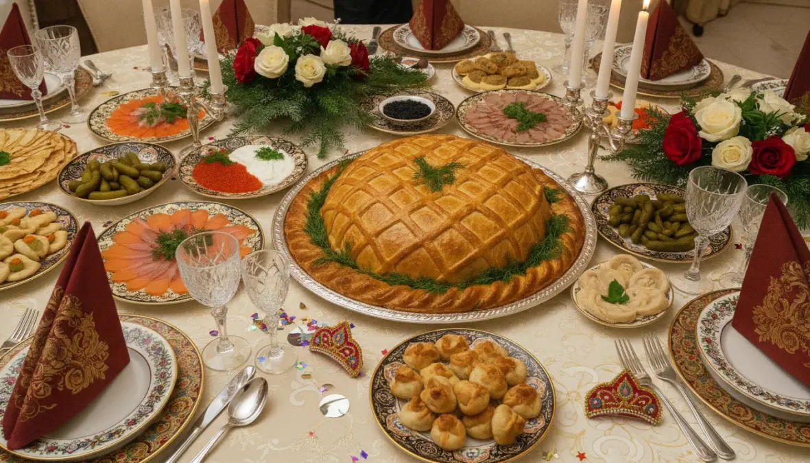 Coulibiac served as festive Russian dish during traditional celebration with zakuski
