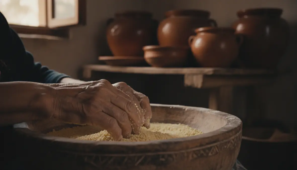 Traditional hand-rolling of couscous semolina grain by Berber woman showing ancient North African preparation methods