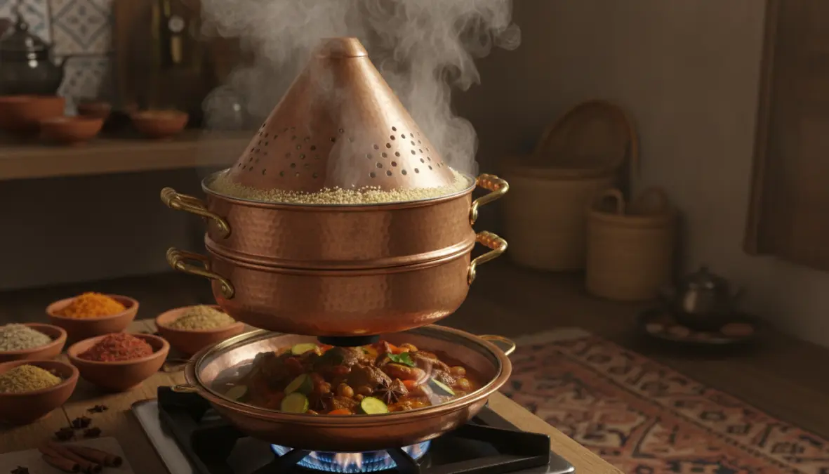 Traditional couscoussier steaming couscous showing authentic Maghreb cooking method and equipment