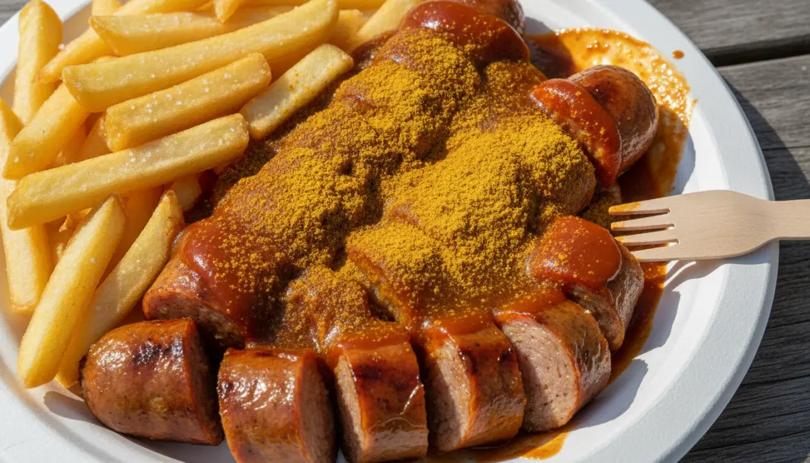 Authentic Berlin currywurst with curry sauce and curry powder, traditional German street food recipe