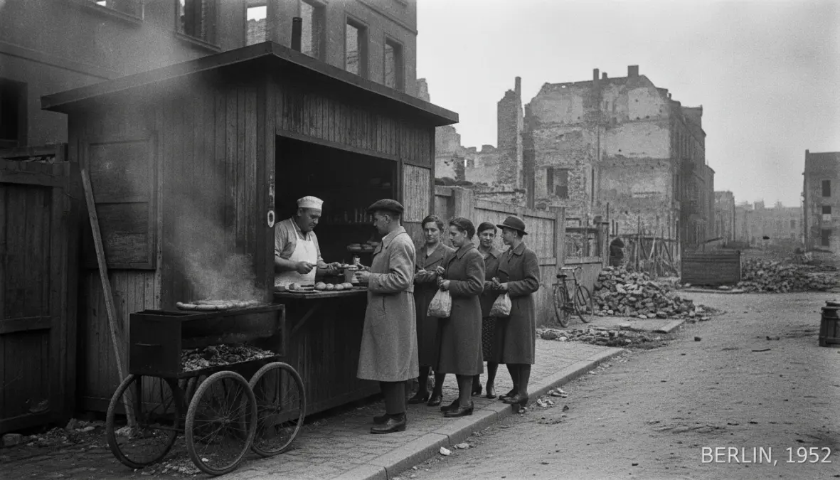 Historical post-war Berlin street food stand where Herta Heuwer invented currywurst in 1949