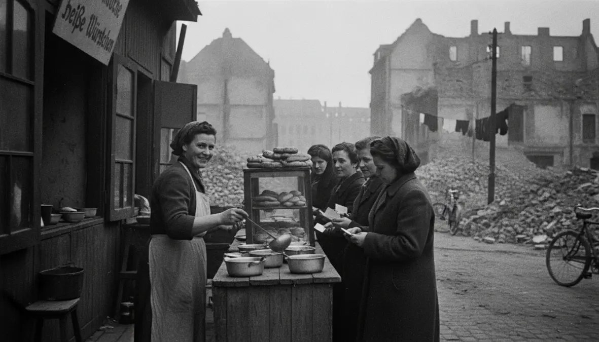 Herta Heuwer currywurst food stand in post-war Berlin 1949, historical street food scene