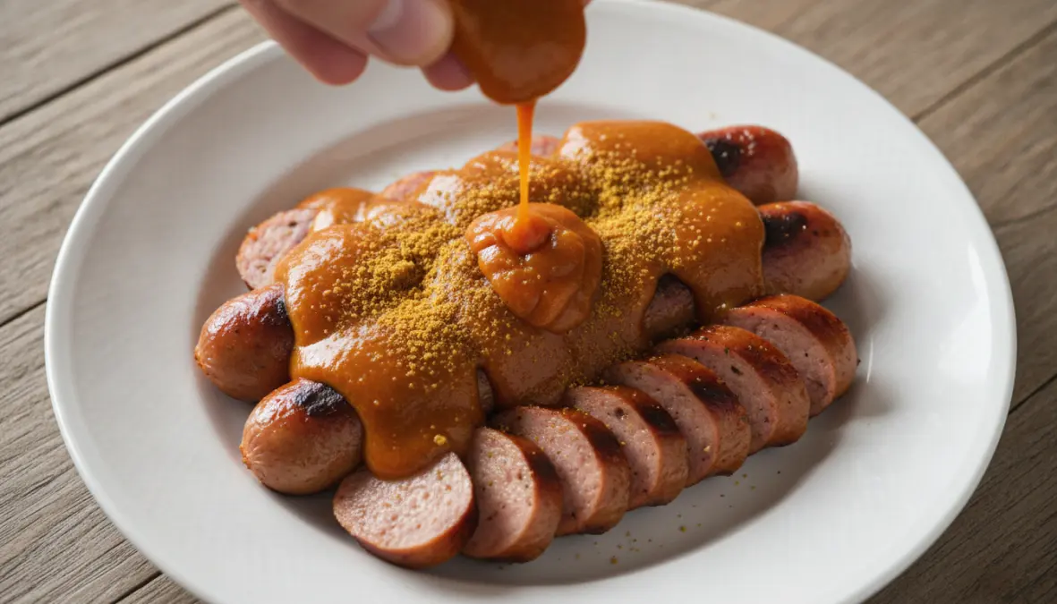 Traditional currywurst sauce recipe with curry ketchup being poured over sliced German sausage