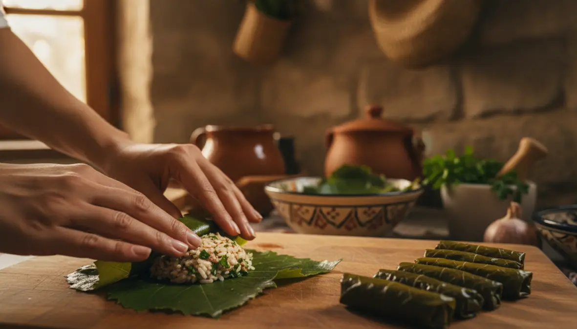 Hands rolling traditional stuffed grape leaves showing how to make dolma at home