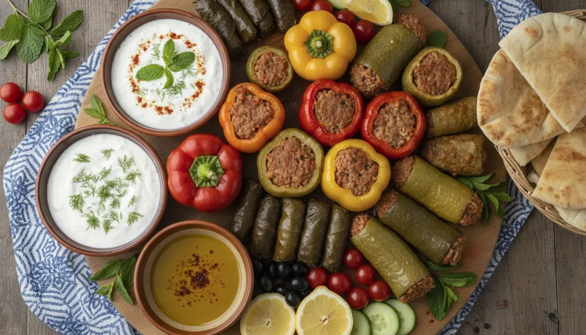 Mediterranean mezze platter with traditional dolma stuffed vegetables and grape leaves with yogurt sauce