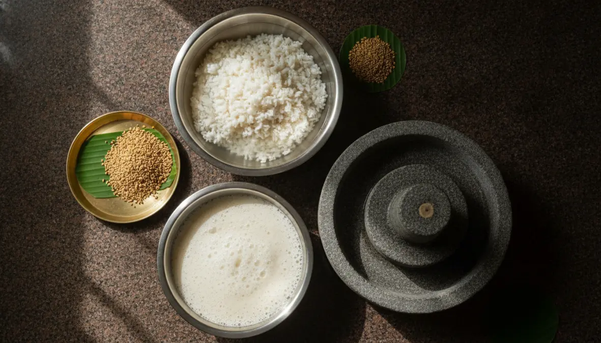 Traditional dosa preparation ingredients showing rice and lentils for fermented batter making process