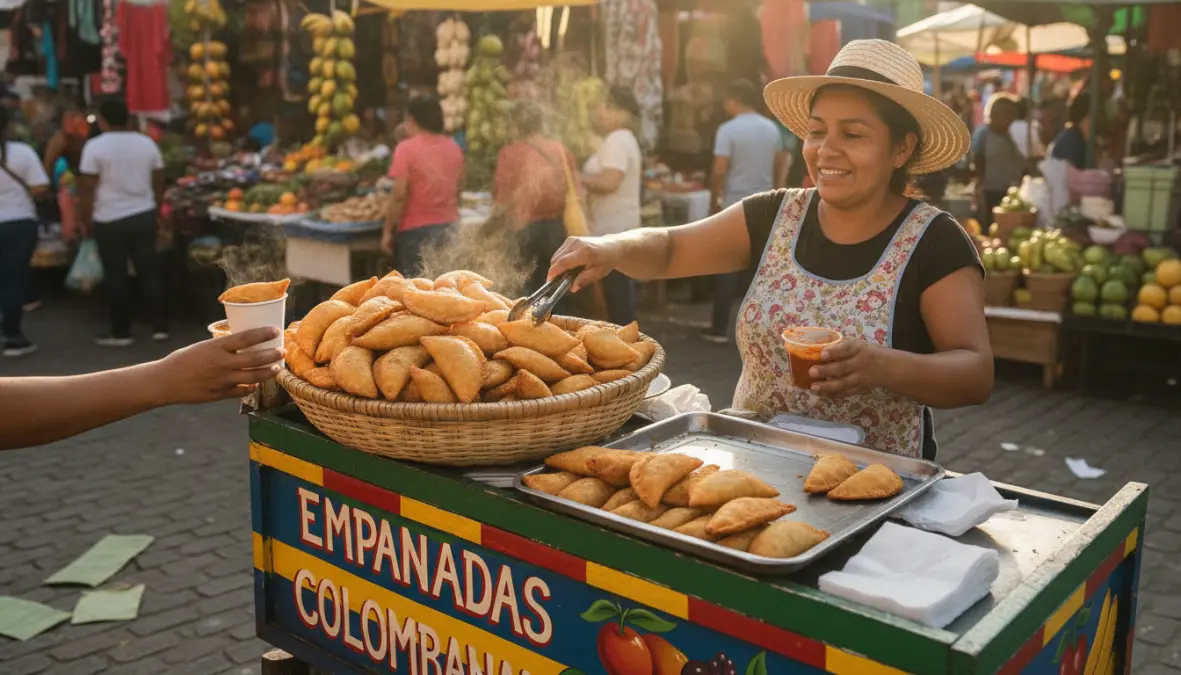 Colombian street vendor serving traditional fried corn empanadas with ají sauce