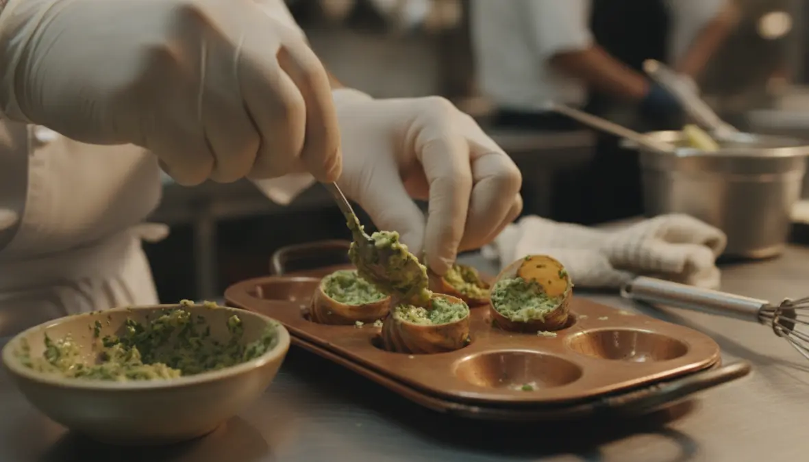 Traditional French escargot garlic butter preparation showing Bourguignonne recipe technique
