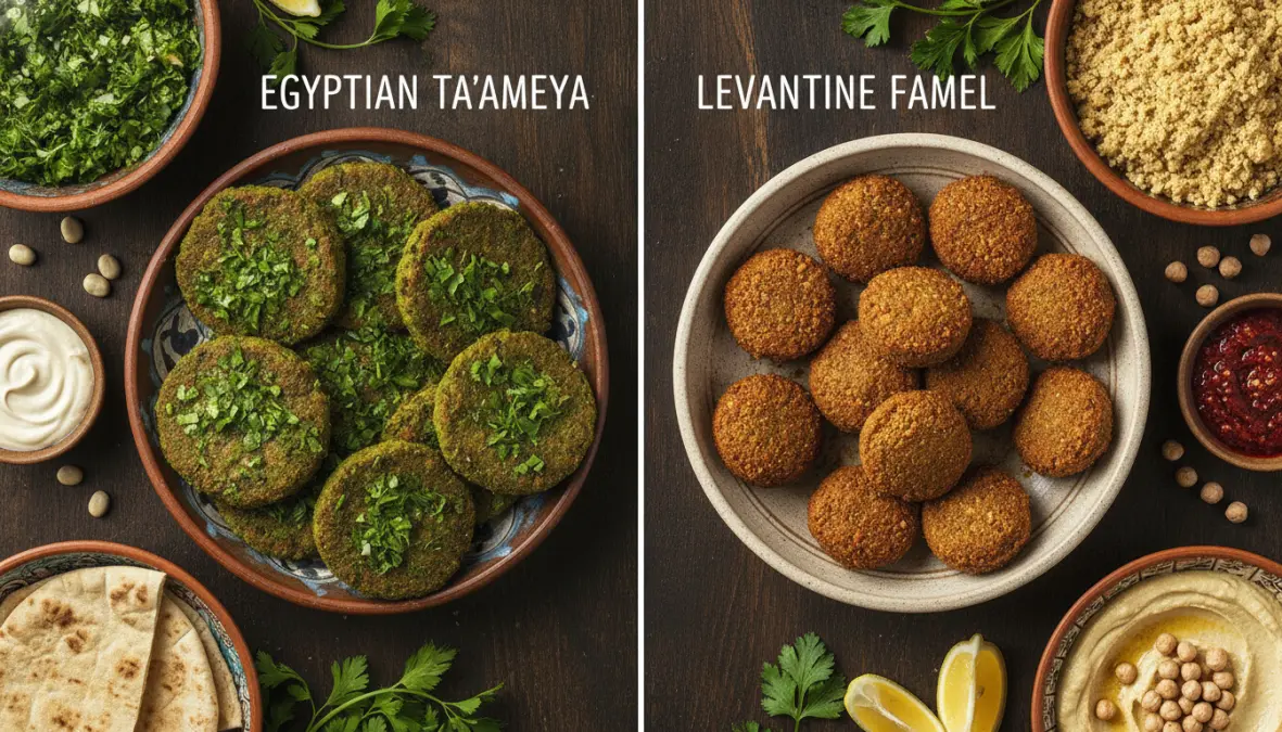 Comparison of Egyptian fava bean ta'ameya and Levantine chickpea falafel showing regional differences