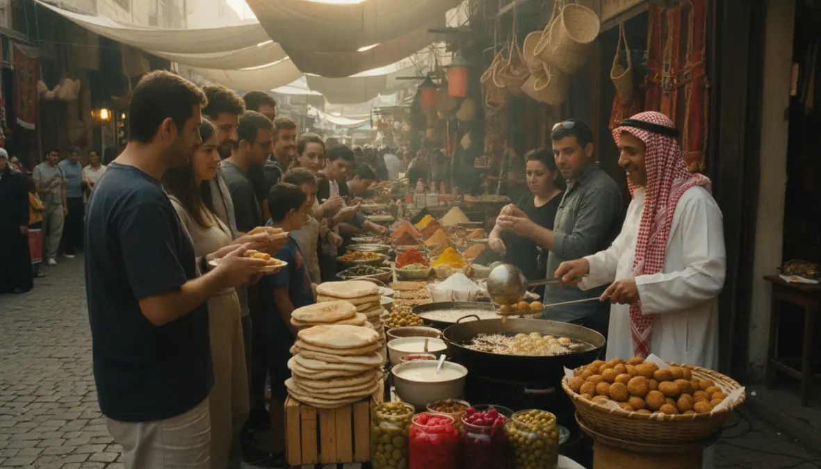 Middle Eastern street food vendor serving traditional falafel illustrating cultural significance