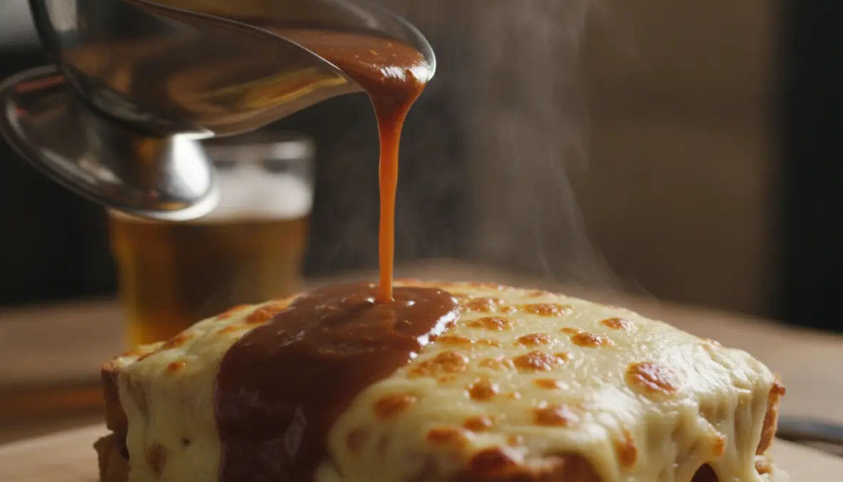 Authentic molho francesinha sauce being poured over traditional Porto sandwich