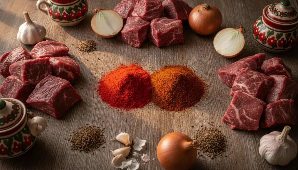 Ingredienti essenziali per il goulash ungherese autentico inclusa la paprika rossa ungherese