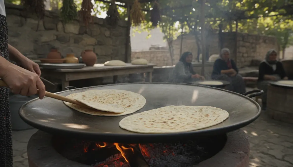 Gözleme cooking on traditional saj griddle showing Turkish flatbread preparation method