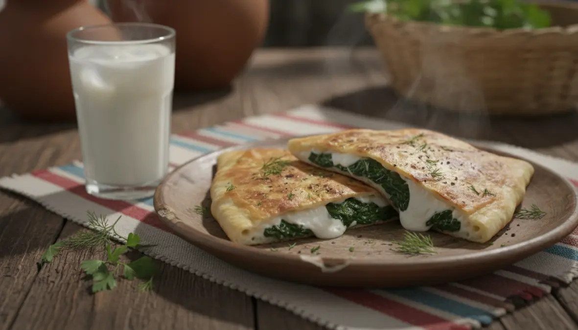 Traditional gözleme with spinach cheese filling served village-style with ayran