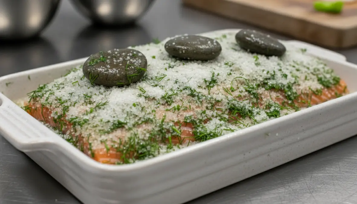 Gravlax curing process showing salmon with salt sugar cure and dill mixture