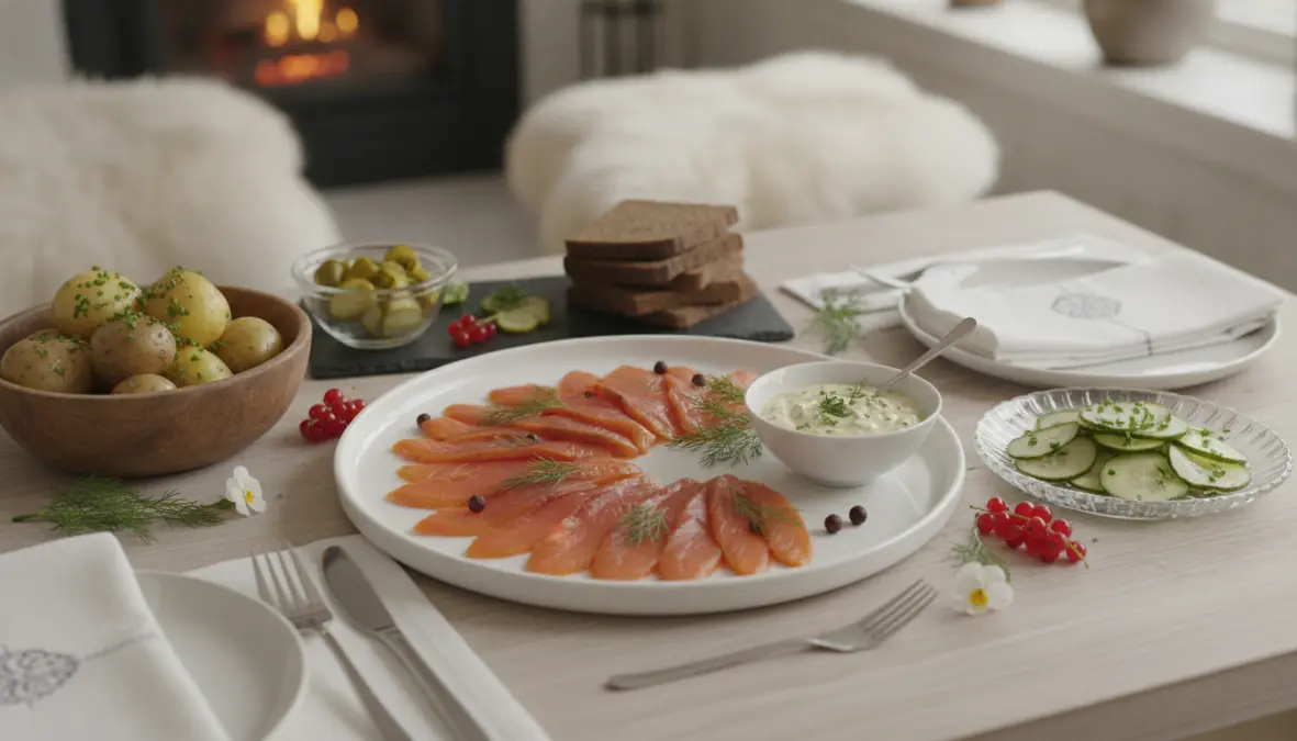 Scandinavian gravlax serving with traditional dill mustard sauce and accompaniments