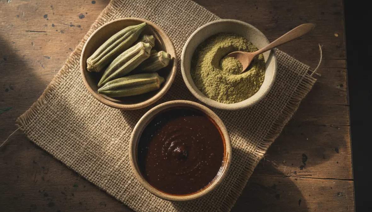 Key gumbo ingredients showing West African okra, Native American filé powder and French roux
