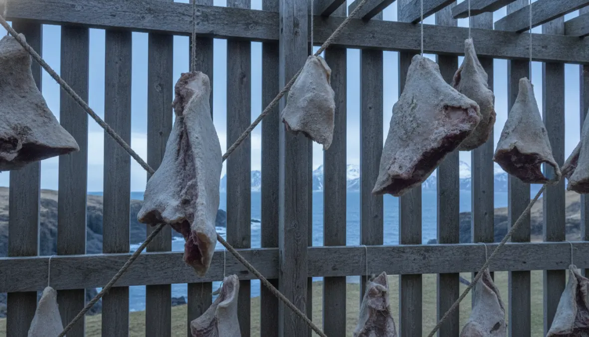 Greenland shark fermentation process in traditional Icelandic drying shed showing hákarl preparation method
