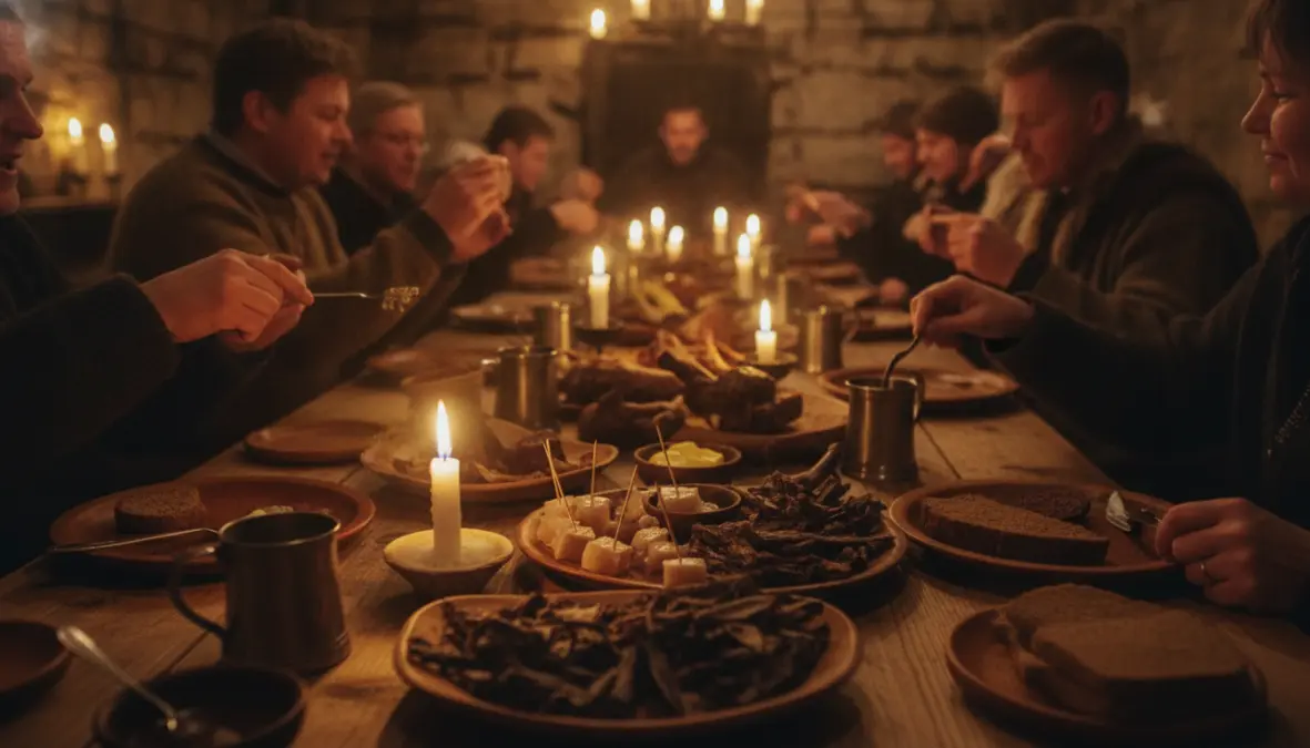 Þorrablót festival celebration featuring hákarl and traditional Icelandic fermented foods