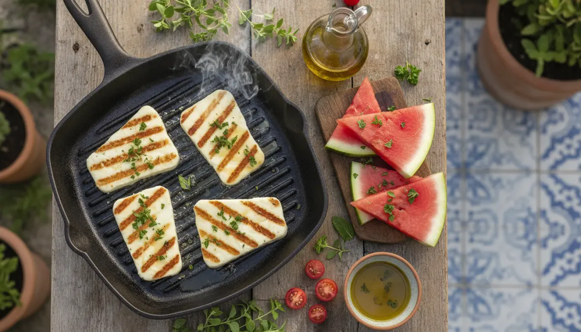 Grilled squeaky cheese halloumi with traditional Mediterranean accompaniments