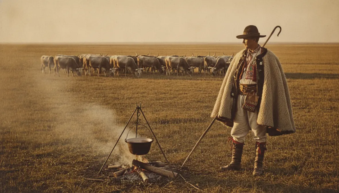 Hungarian shepherd cooking traditional goulash over open fire on the plains, showing goulash origins