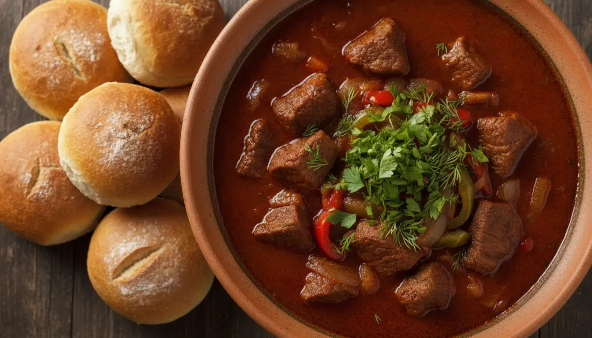 Traditional Hungarian goulash recipe with paprika, beef, and vegetables in authentic presentation