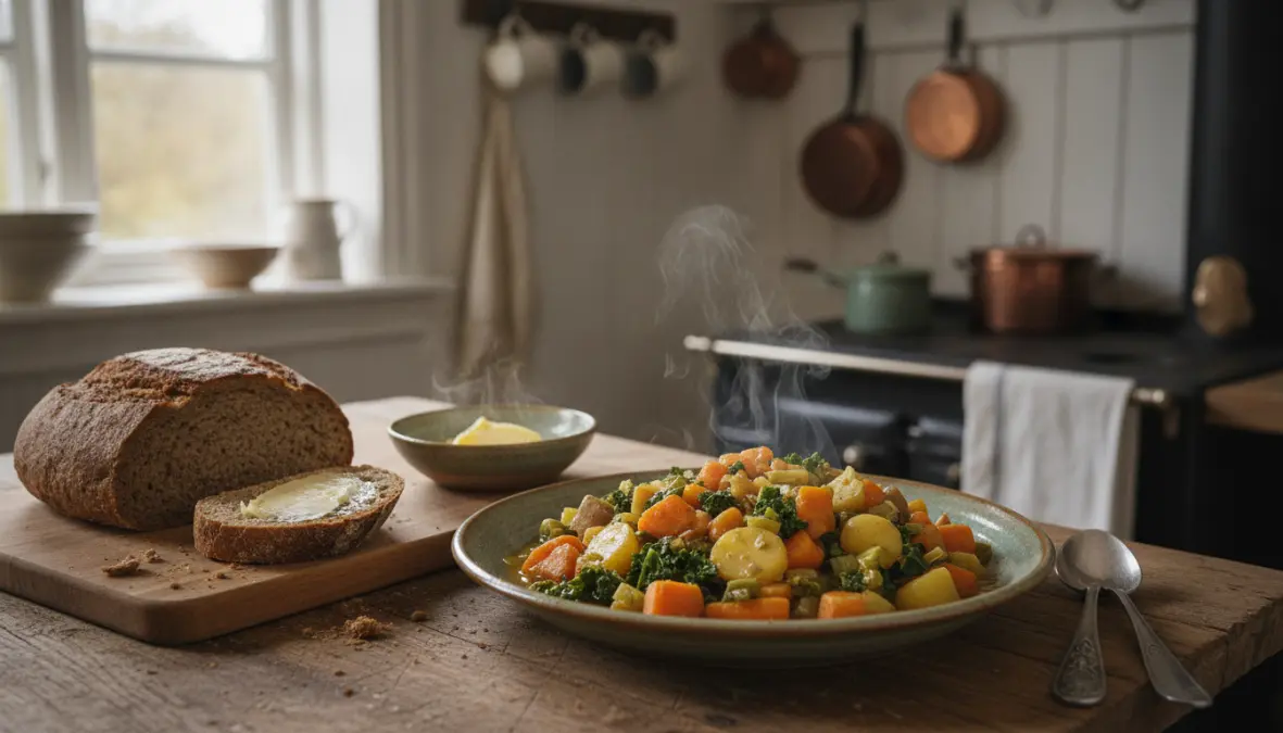 Traditional Danish hygge comfort food with homemade stew and fresh bread