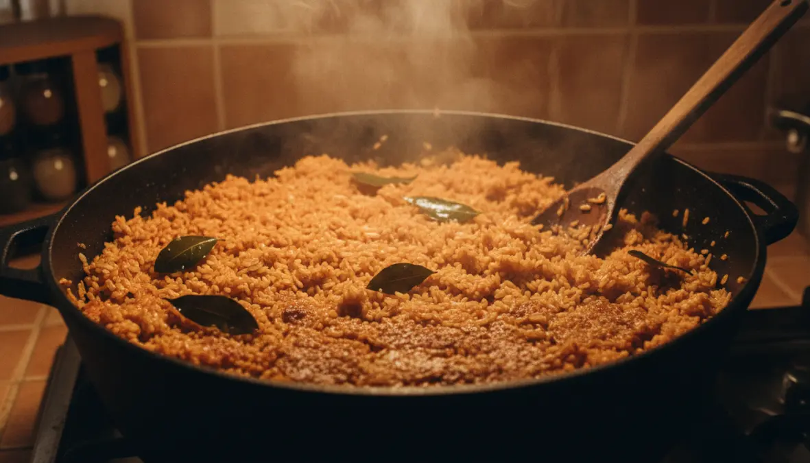 Nigerian jollof rice showing traditional smoky crispy bottom layer in cooking pot