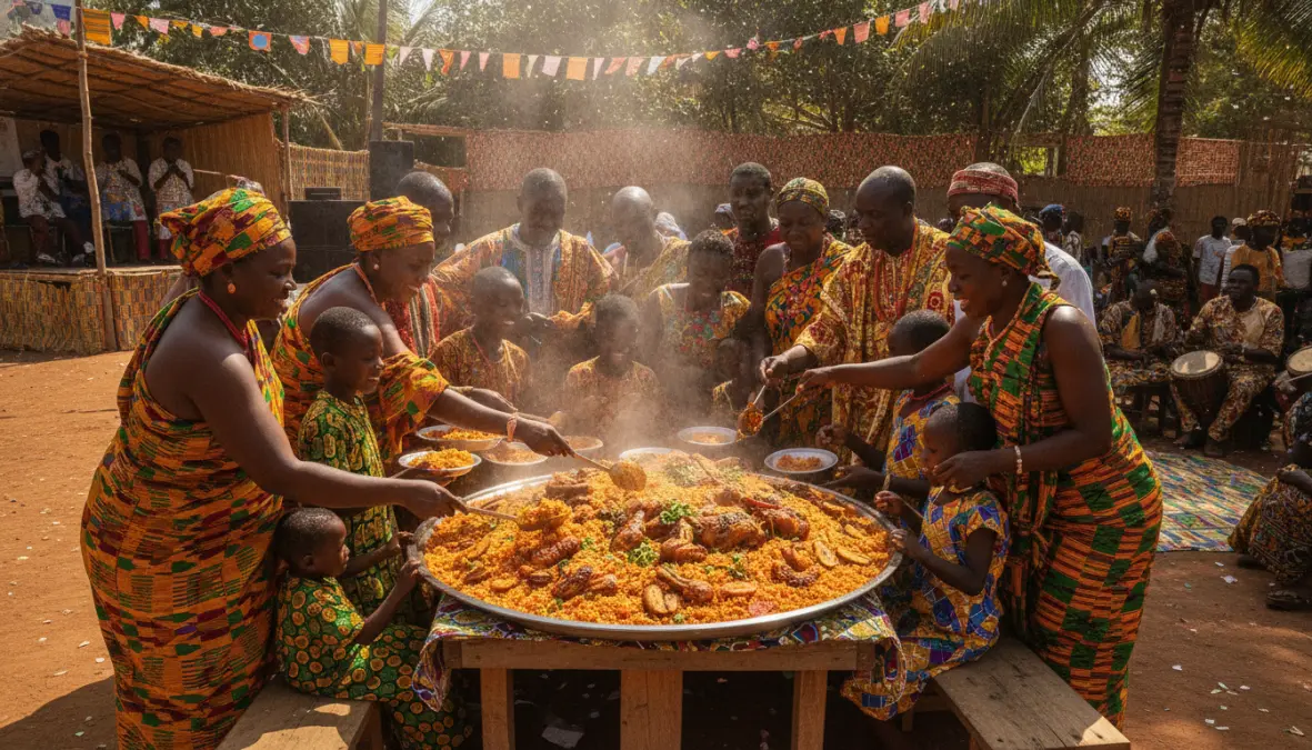 West African community celebration featuring jollof rice as traditional centerpiece dish