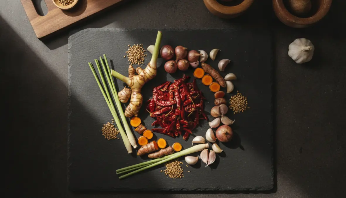 Traditional khao soi curry paste ingredients including turmeric, galangal, shallots and spices for authentic northern thai cuisine