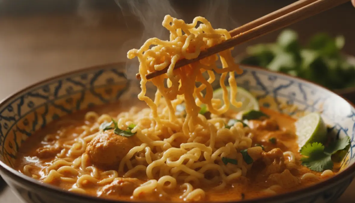 Crispy noodles topping being added to khao soi coconut curry noodles showing traditional preparation technique