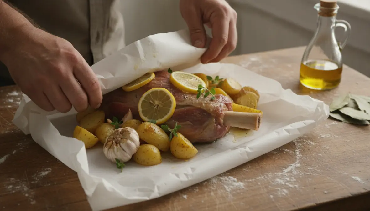 Traditional kleftiko wrapped in parchment paper preparation showing the sealed oven cooking method with lamb and potatoes
