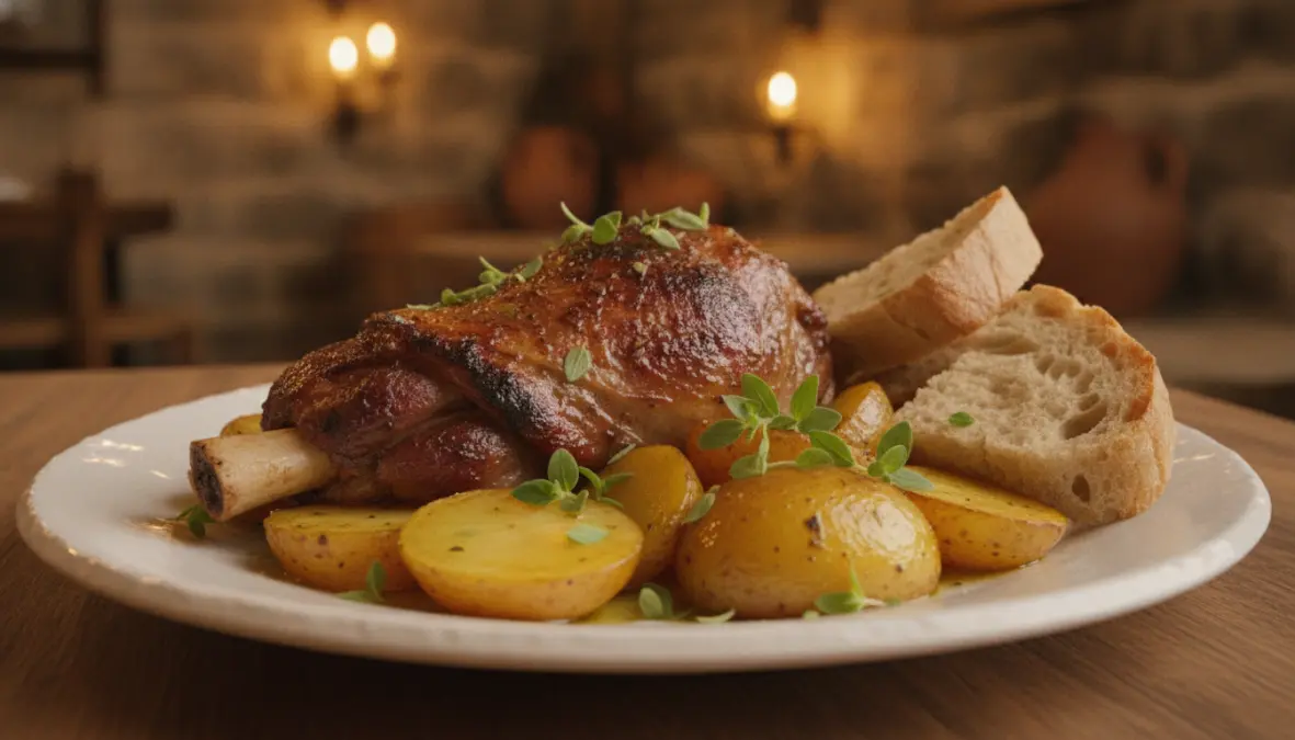 Slow roasted kleftiko lamb served Cyprus style with lemon potatoes showing the tender fall-off-the-bone texture