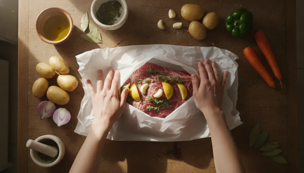 Preparing traditional kleftiko lamb with parchment paper sealing technique and aromatic Greek herbs