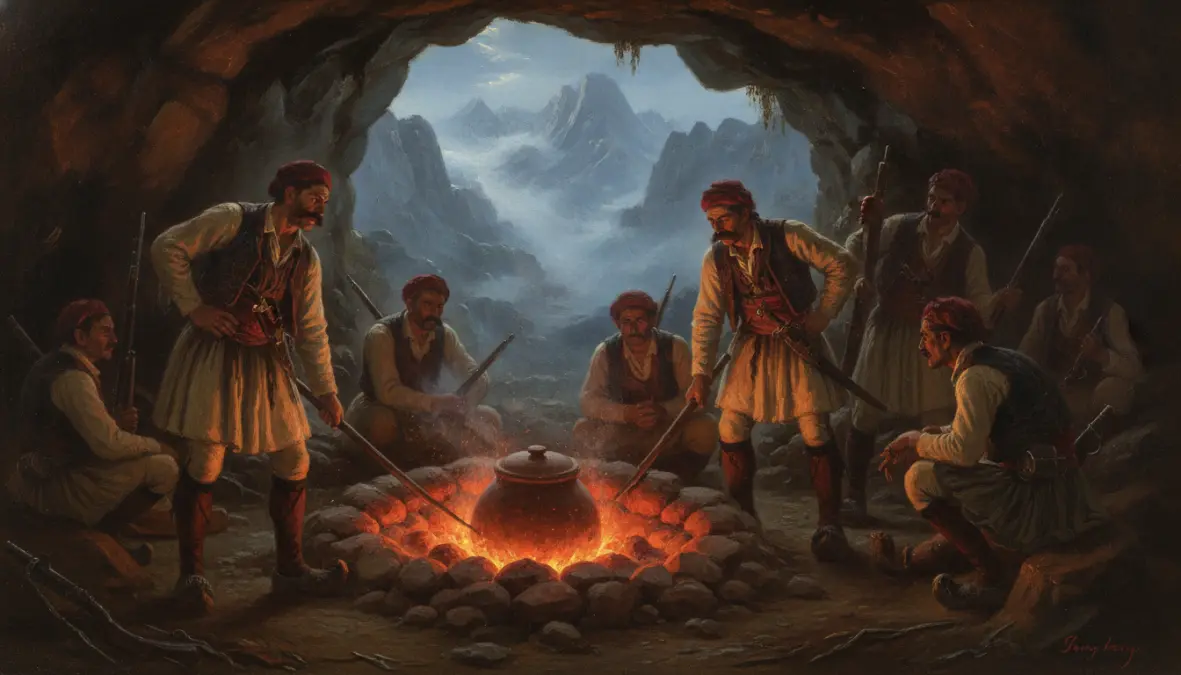 Historical depiction of Greek klephts warriors using underground cooking method for traditional kleftiko