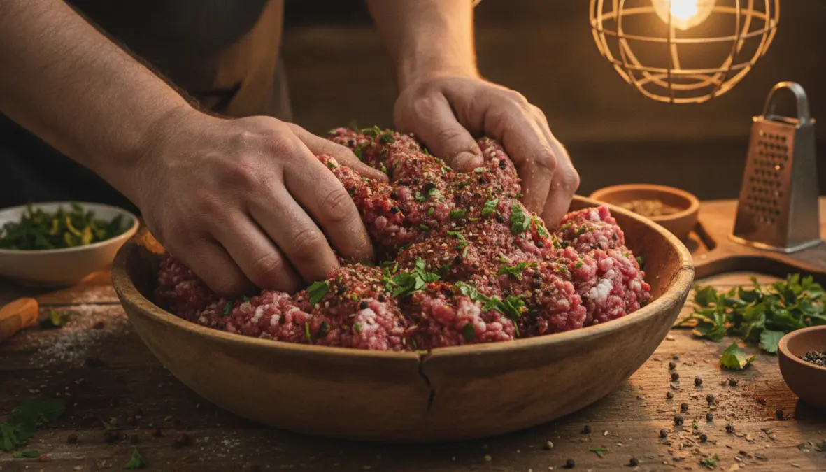 Traditional turkish meatballs preparation showing hands kneading authentic kofte mixture