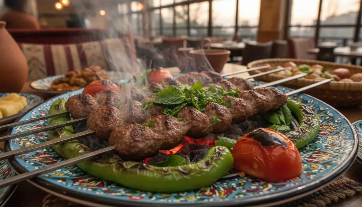 Grilled meatballs showing regional kofte variations from Turkey and Middle East on skewers