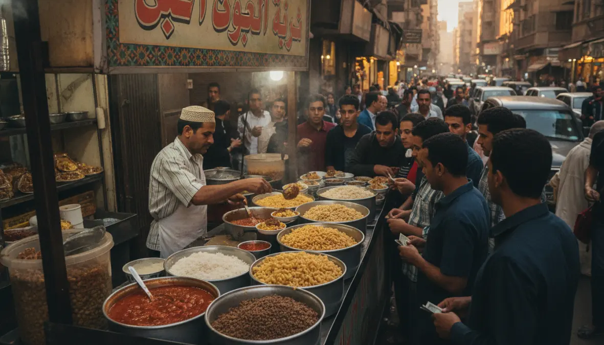 Cairo street food vendor preparing koshary for customers at traditional Egyptian koshary restaurant