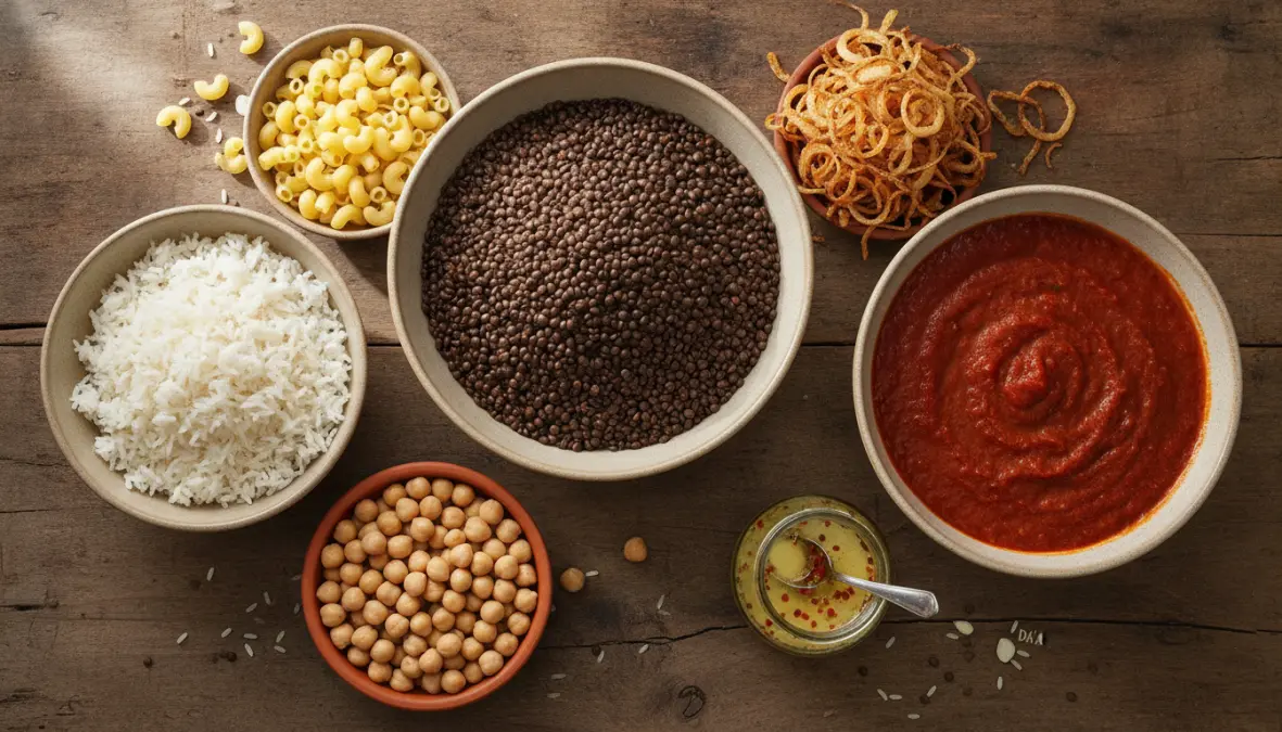 Traditional koshary ingredients including lentils, rice, pasta, chickpeas, tomato sauce, and fried onions for authentic Egyptian recipe
