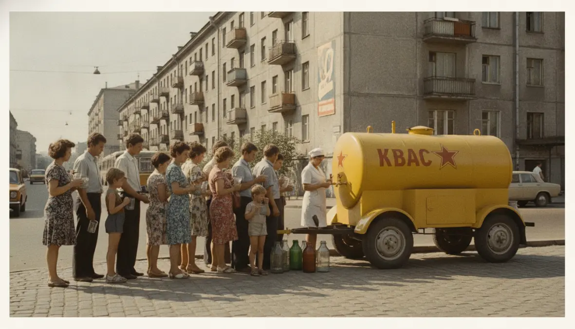Soviet yellow kvass tank street dispenser, traditional Russian drink cultural heritage