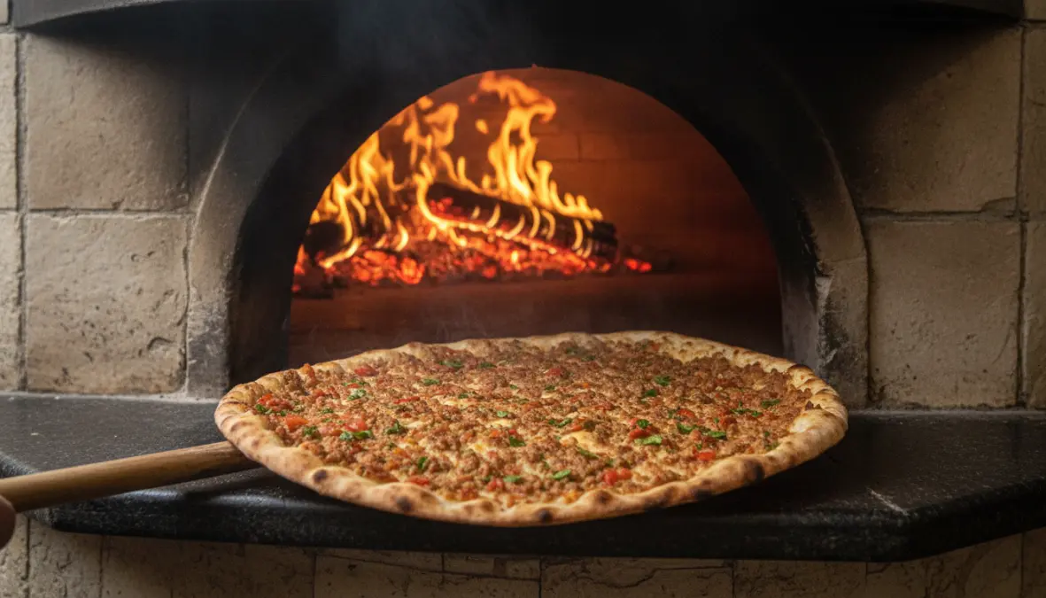 Authentic lahmacun Turkish flatbread baking in traditional wood-fired oven