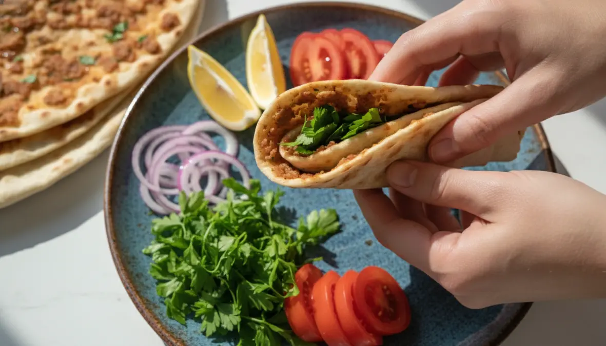 Traditional lahmacun rolled with fresh parsley lemon garnish and vegetables
