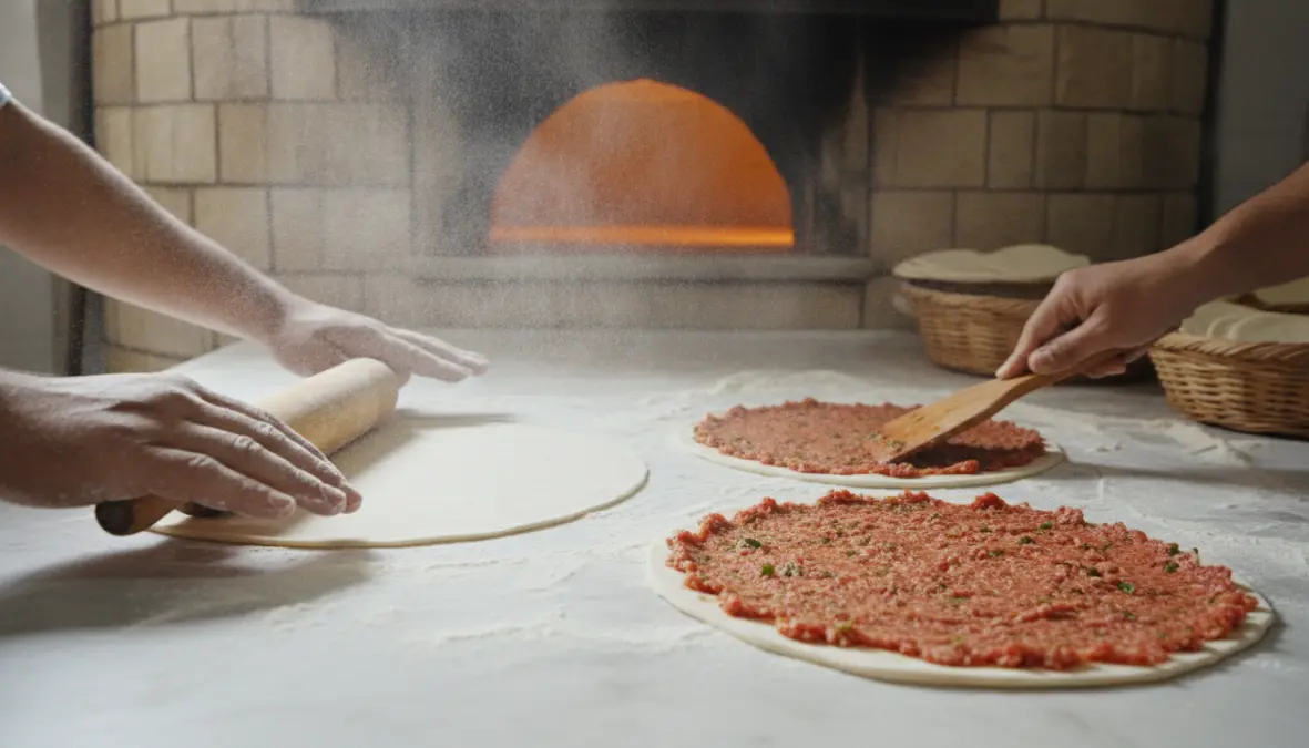 Authentic lahmacun preparation showing traditional dough rolling and minced meat topping technique