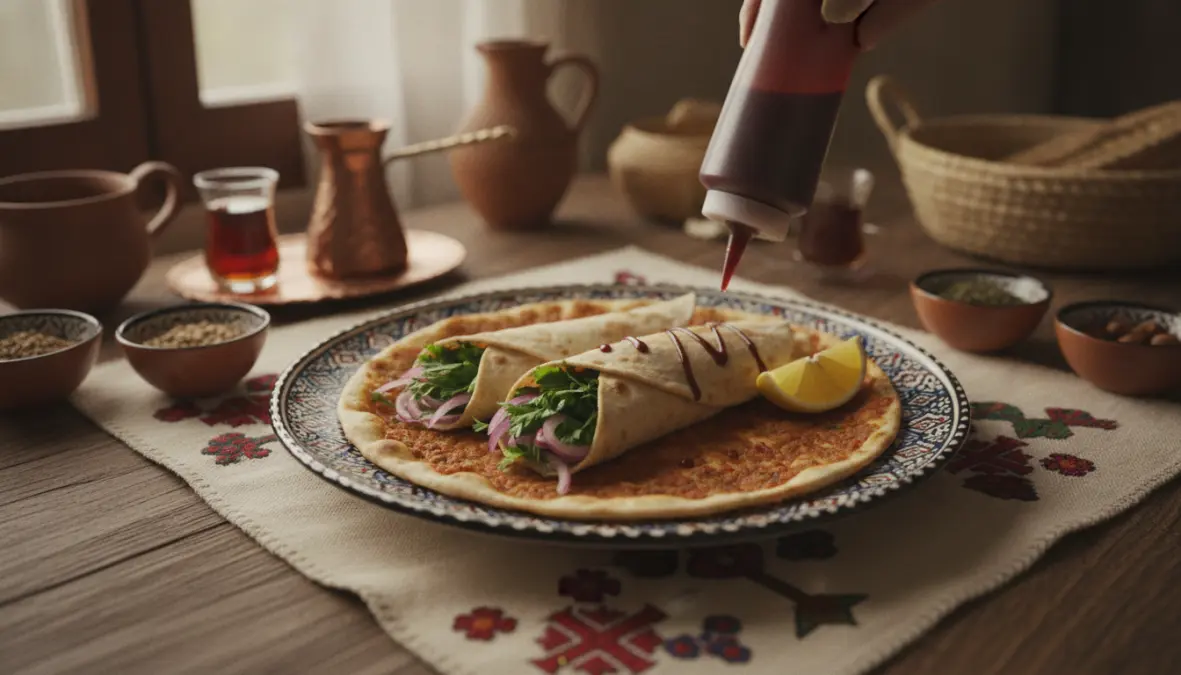 Armenian lahmacun flatbread rolled with fresh herbs showing traditional serving style and cultural heritage