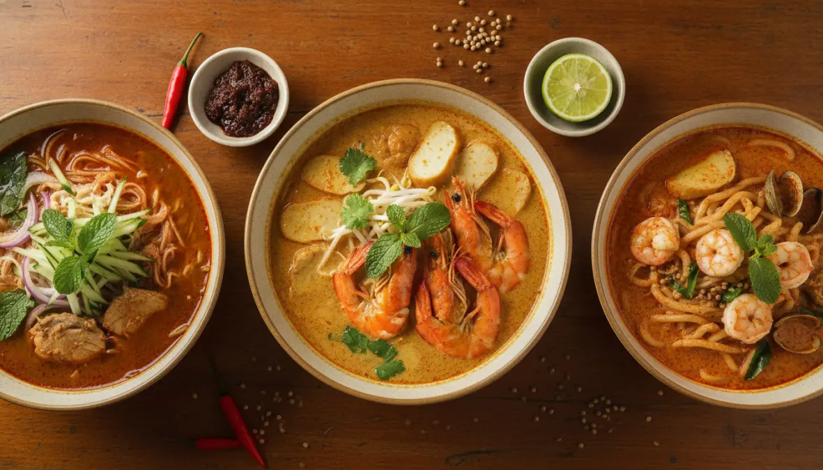 Regional laksa variations showing Malaysian and Singapore laksa types with different broths and ingredients