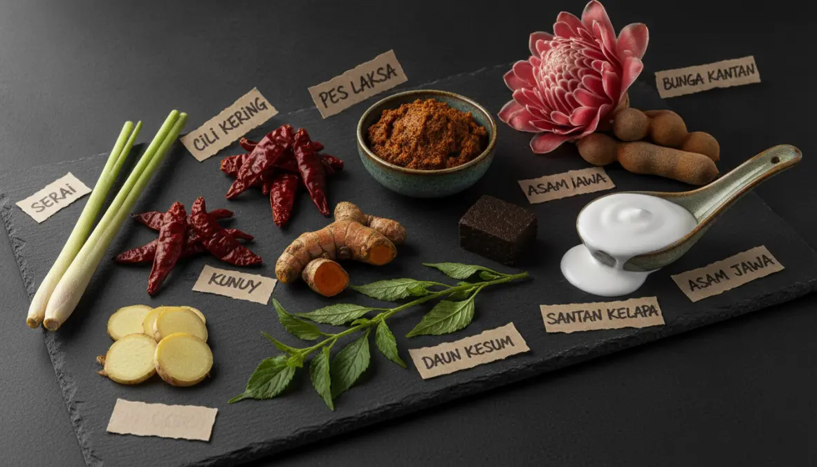 Traditional laksa ingredients including lemongrass, galangal, curry paste, and coconut milk for authentic Southeast Asian recipe
